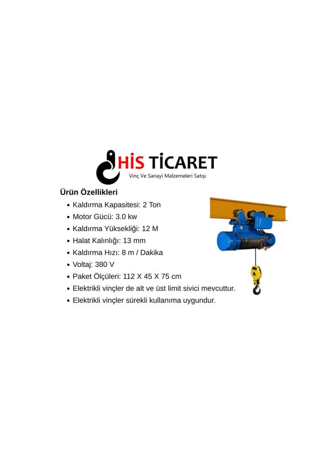 2 Ton 12 Metre Kılavuzlu 4 Hareketli Elektrikli Halatlı Tavan Vinci (380V)