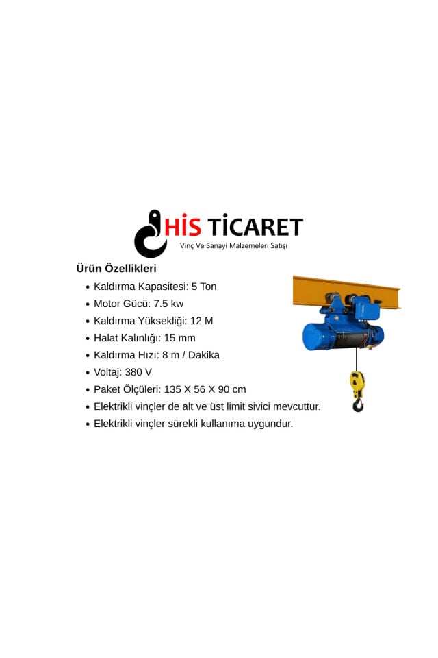 5 Ton 12 Metre Kılavuzlu 4 Hareketli Elektrikli Halatlı Tavan Vinci (380V)