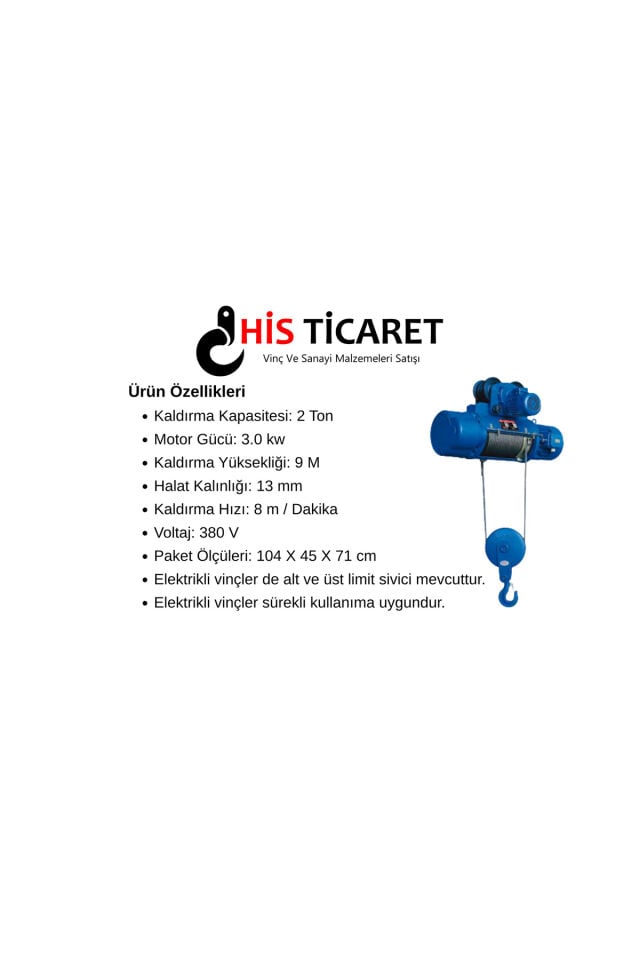 2 Ton 9 Metre Kılavuzlu 4 Hareketli Elektrikli Halatlı Tavan Vinci (380V)