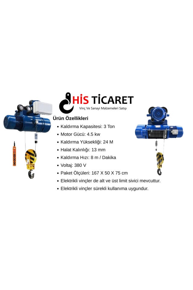 3 Ton 24 Metre Kılavuzlu 4 Hareketli Elektrikli Halatlı Tavan Vinci (380V)