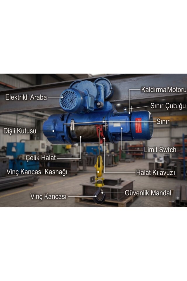 2 Ton 24 Metre Kılavuzlu 4 Hareketli Elektrikli Halatlı Tavan Vinci (380V)
