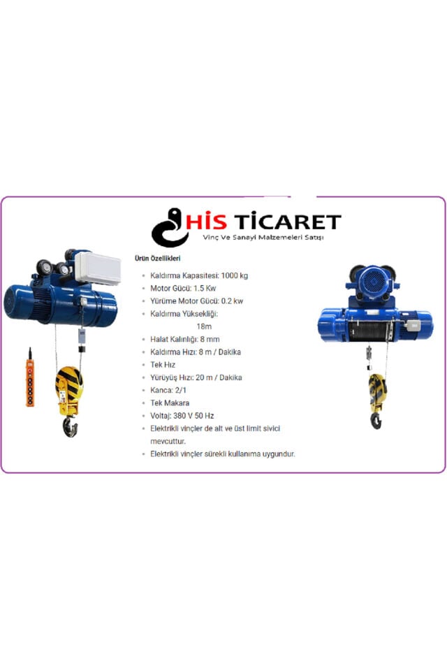 1 Ton 9 Metre Kılavuzlu 4 Hareketli Elektrikli Halatlı Tavan Vinci (380V)