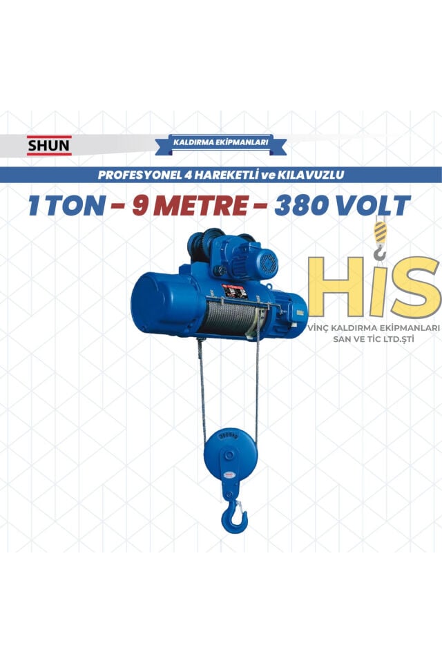 1 Ton 9 Metre Kılavuzlu 4 Hareketli Elektrikli Halatlı Tavan Vinci (380V)
