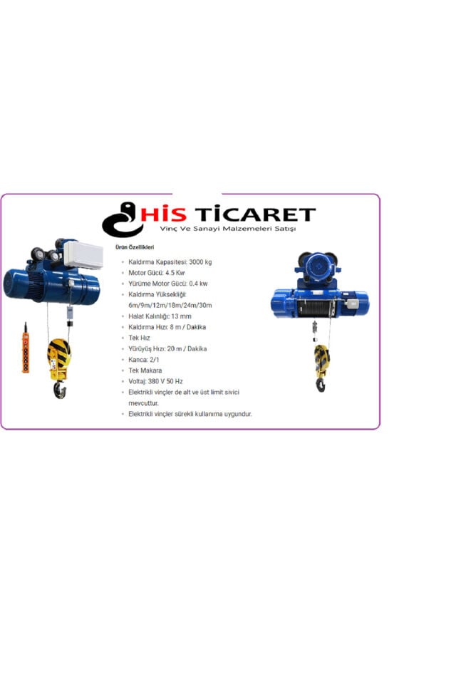 3 Ton 9 Metre Kılavuzlu 4 Hareketli Elektrikli Halatlı Tavan Vinci (380V)