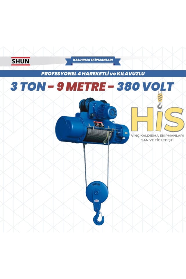3 Ton 9 Metre Kılavuzlu 4 Hareketli Elektrikli Halatlı Tavan Vinci (380V)