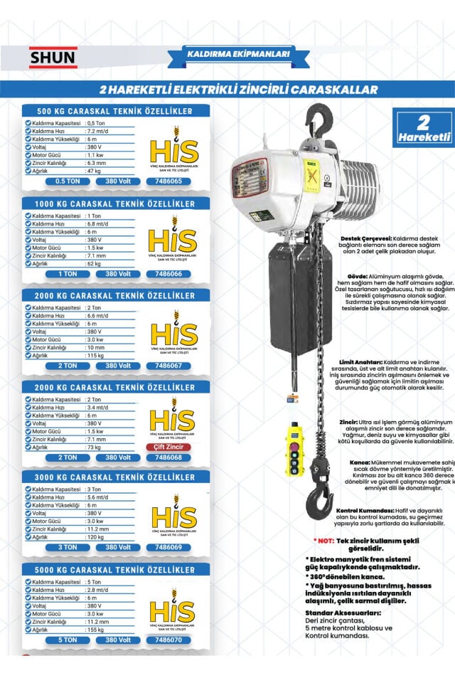 5 Ton 6 Metre 2 Hareketli Elektrikli Zincirli Caraskal Vinç 380V-7486070
